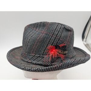Designer Collection Grey Plaid Fedora Hat Red Feather Made in USA Size 6 7/8 55